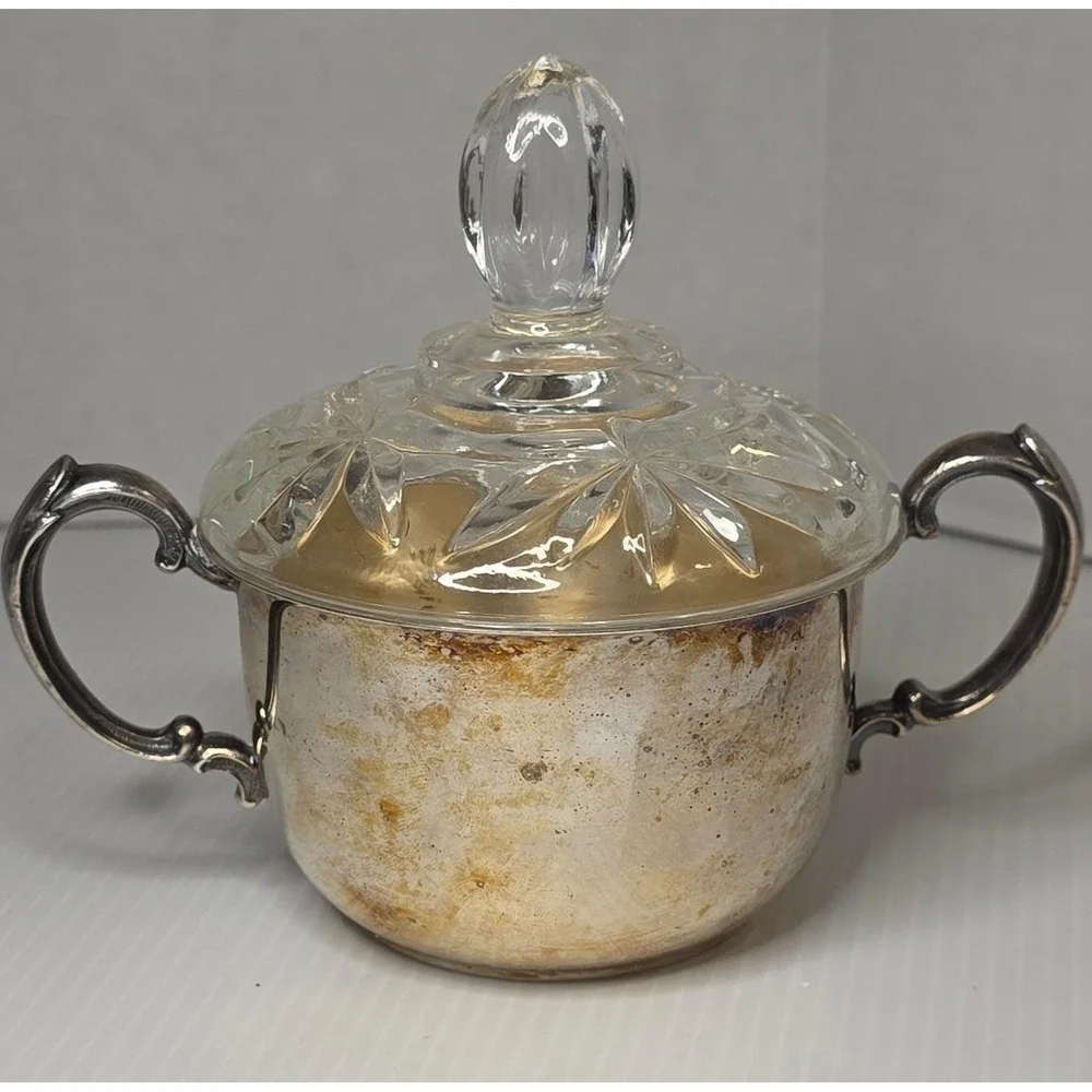 Sheridan Sugar Bowl OS Silver Fair Vintage Silver Plated Cut Glass‎ Lid